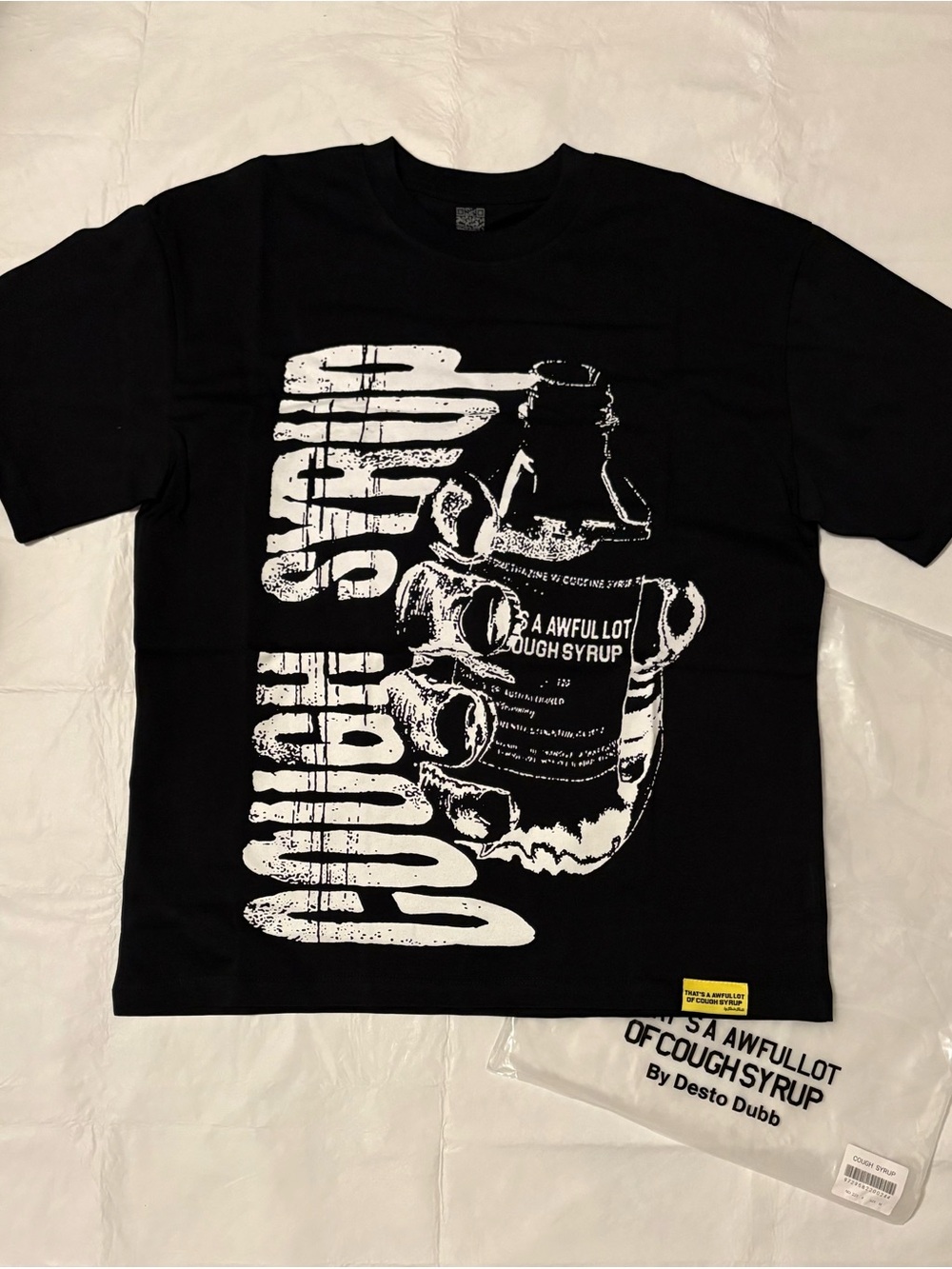 Black Short-Sleeve Graphic Tee with White Syrup Bottle Print
